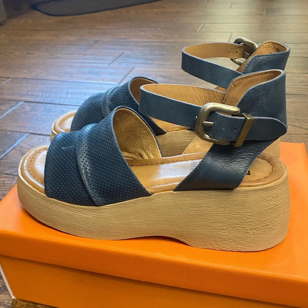 Miz Mooz Navy Leather Platform Sandals